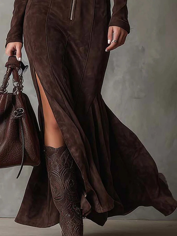 VintageBrownZipperBeltedMaxiDress