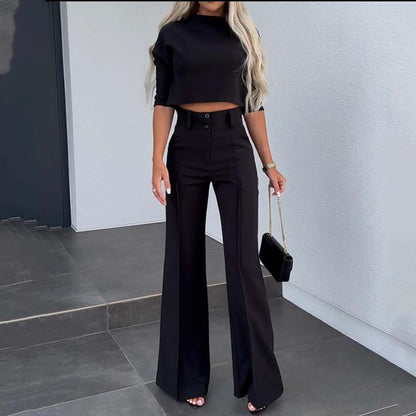 Elegante conjunto de top corto y pantalones de pierna ancha para mujer